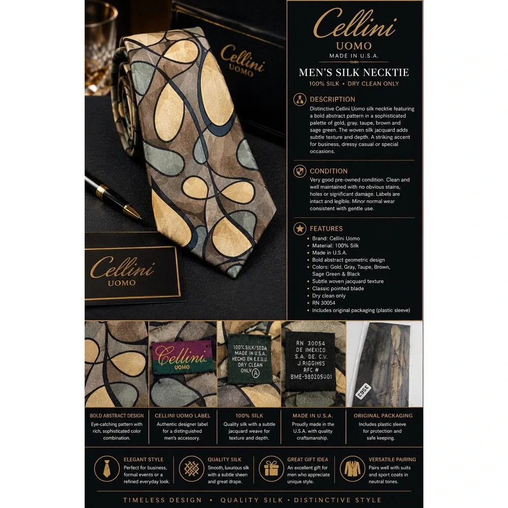 Cellini Uomo Men's 100% Silk Abstract Geometric Necktie Gold Gray Made in USA